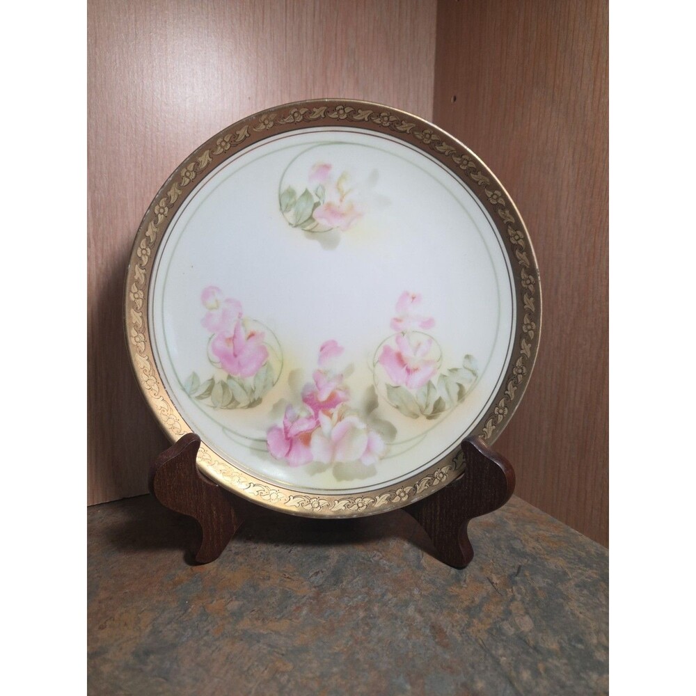 Vtg RS PRUSSIA Bone China Blue Mark Pink FLOWERS Gold Gild Border 6 1/2"d Plate